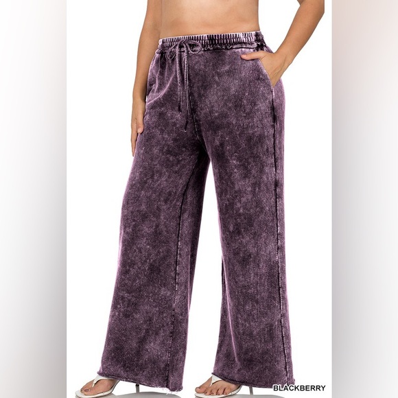 Plus Blackberry Terry Mineral Washed Drawstring Waist Raw Hem Pants - Picture 2 of 4